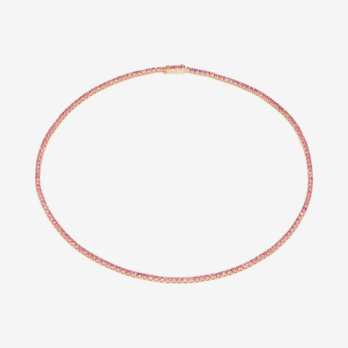 Pink Sapphire Tennis Necklace in 14K Rose Gold, 7.0 carats, gray background | JJ Jewelry Miami
