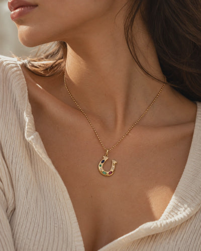 Gemstone Horseshoe Charm Pendant in 14K Yellow Gold, product video | JJ Jewelry Miami