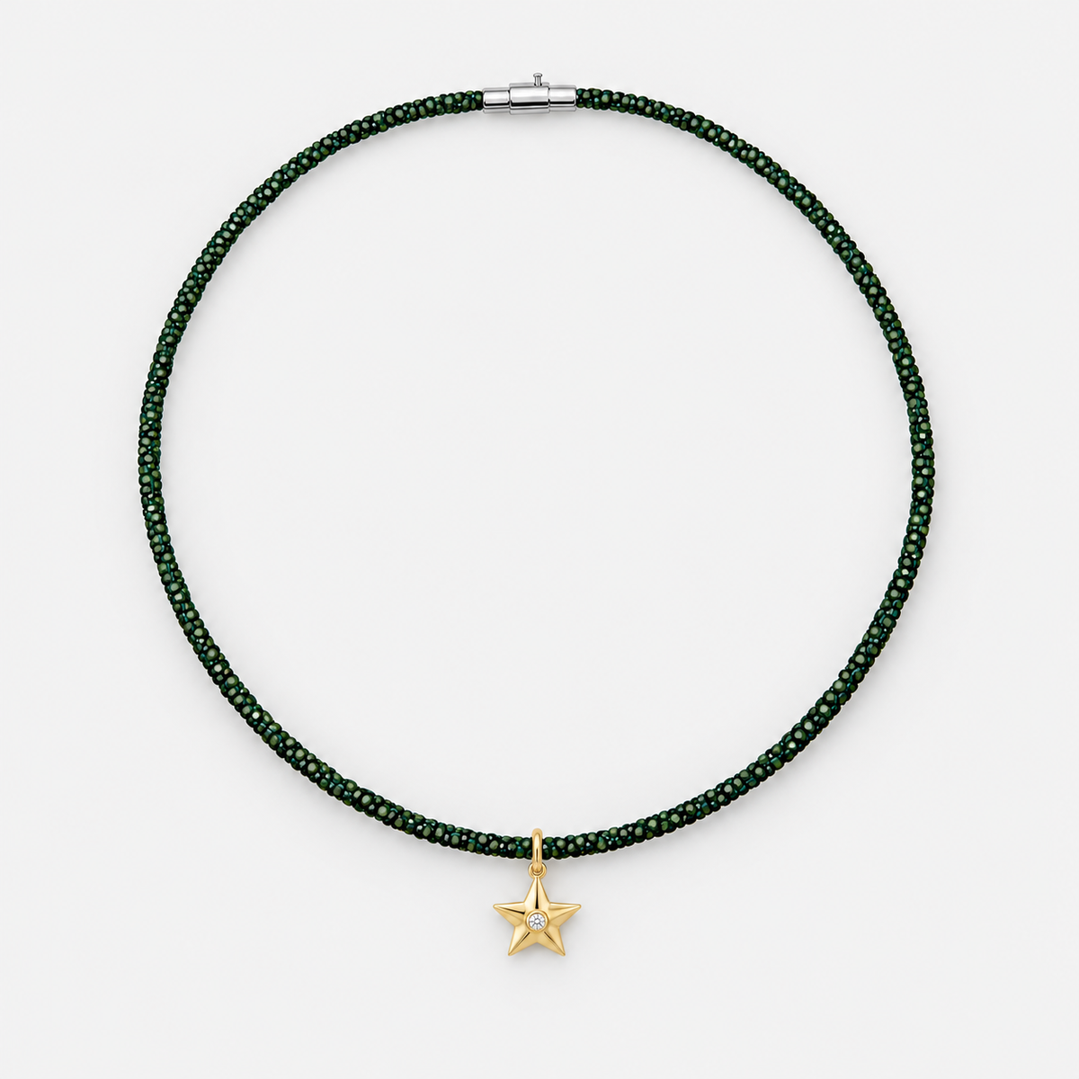 Puffed Gold Star Pendant with Diamond in 14K Yellow Gold, on a green beaded choker | JJ Jewelry Miami