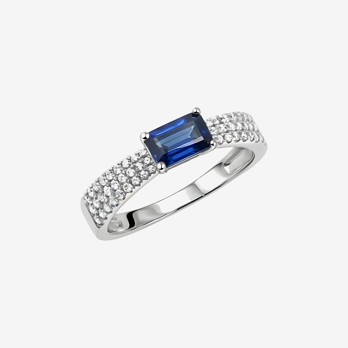 Rectangular Blue Sapphire Pavé Diamond Stackable Ring in 18K White Gold | JJ Jewelry