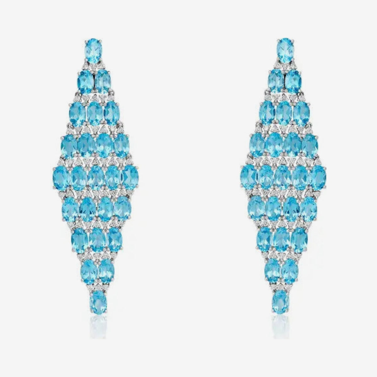 Rhombus Blue Topaz and Diamond Drop Earrings in 18K White Gold, gray background | JJ Jewelry Miami