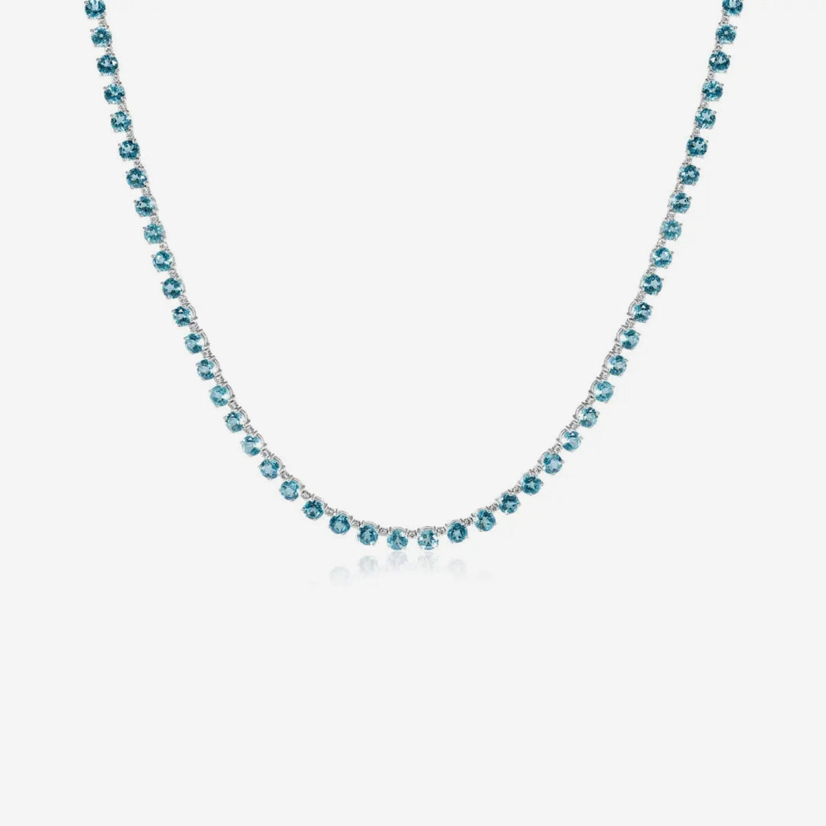 Round Blue Topaz and Diamond Strand Necklace in 18K White Gold, gray background | JJ Jewelry Miami