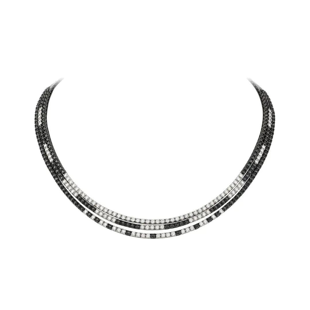 Three-Layer Black and White Diamond Tennis Necklace in 18K White Gold | JJ Jewelry Miami