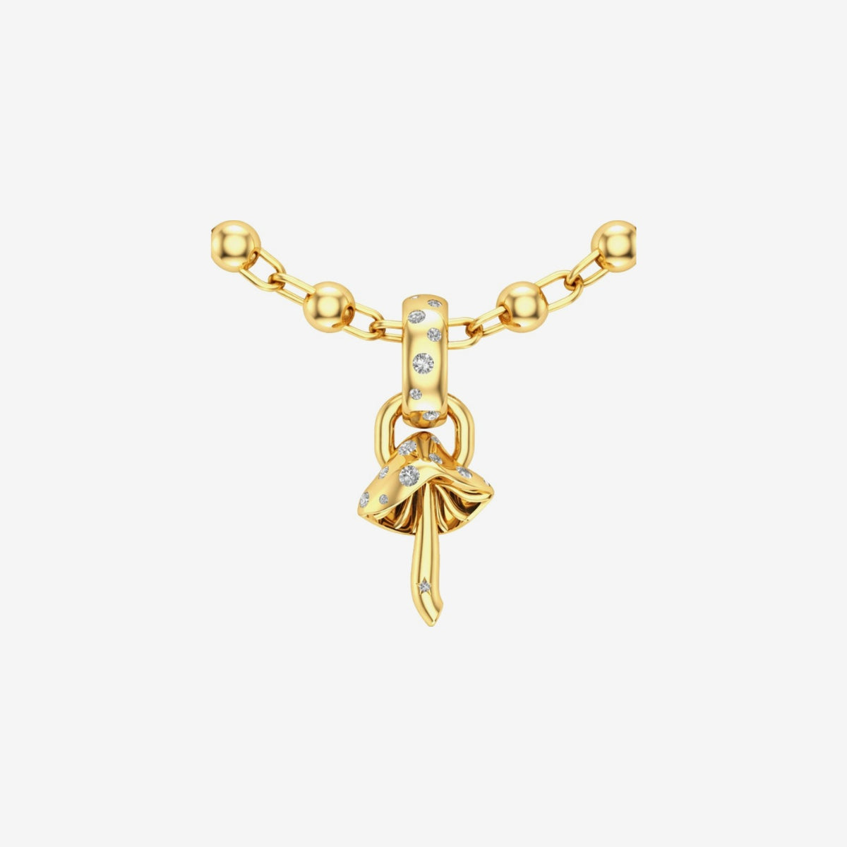 Tiny Umbrella Mushroom Diamond Pendant in 18K Yellow Gold by Alessa Rocks, on a bead chain | JJ Jewelry Miami