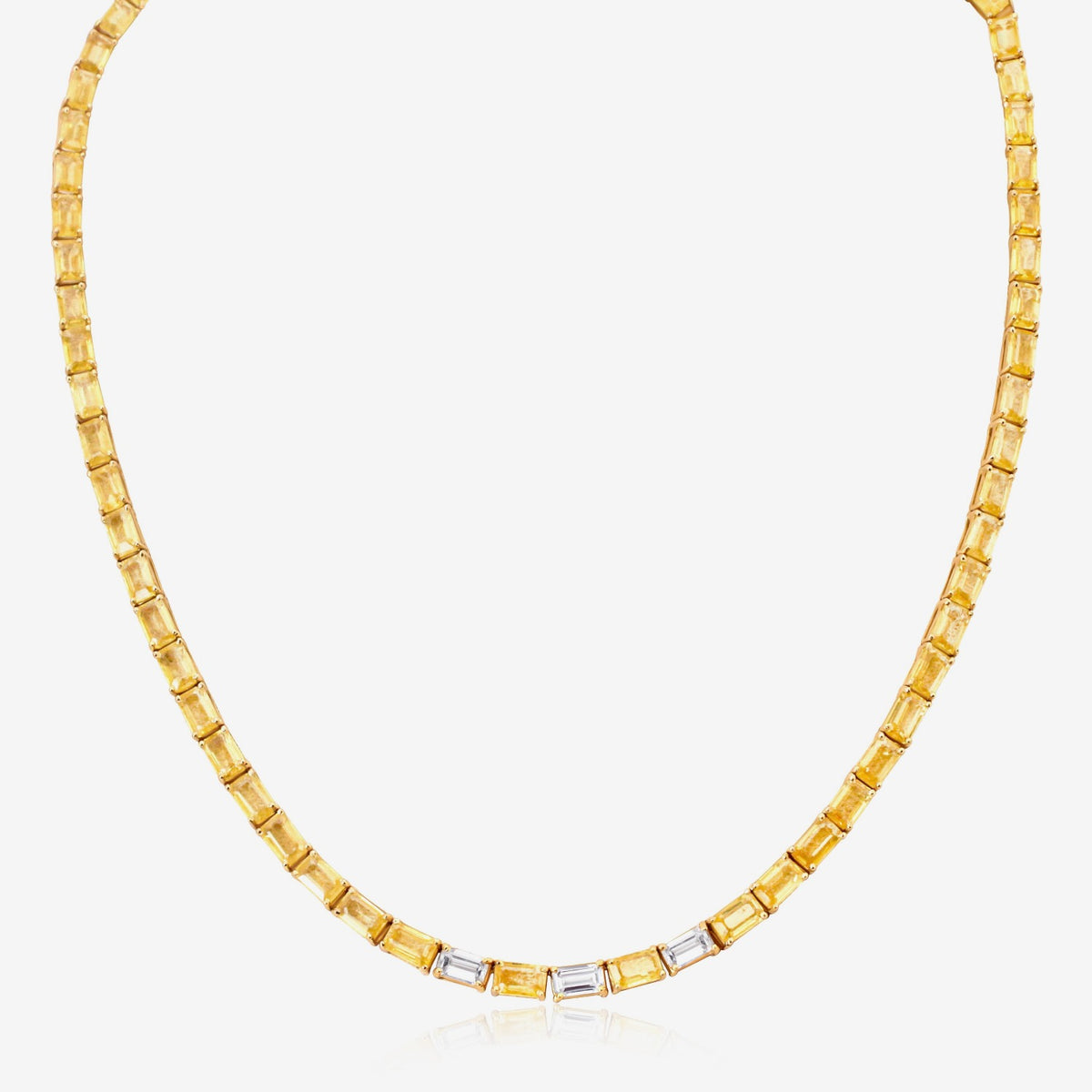 Yellow Sapphire and Diamond Tennis Necklace in 18K Yellow Gold, gray background | JJ Jewelry Miami